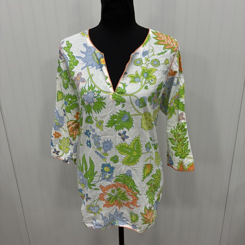 Gretchen Scott Womens Large White & Green Floral Cotton Tunic Top Breezy Comfort